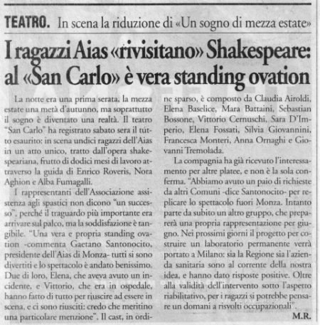 1999 18 novembre - Il Cittadino - I ragazzi Aias rivisitano Shakes...San Carlo è standing ovation