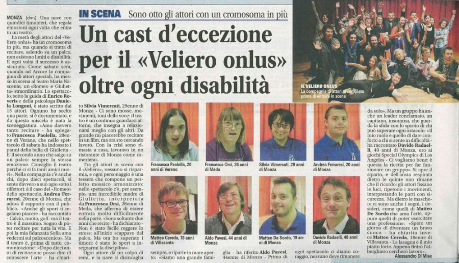 2015 10 - 13 ottobre - Giornale di Monza - Un cast d'eccezione per il > oltre ogni disabilità
