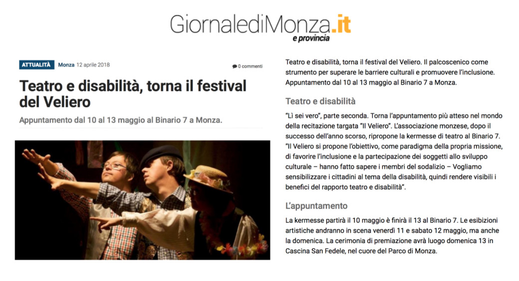 2018 04 - 12 aprile - Giornale di Monza e della Brianza. it - Teatro e disabilità, torna il festival del Veliero